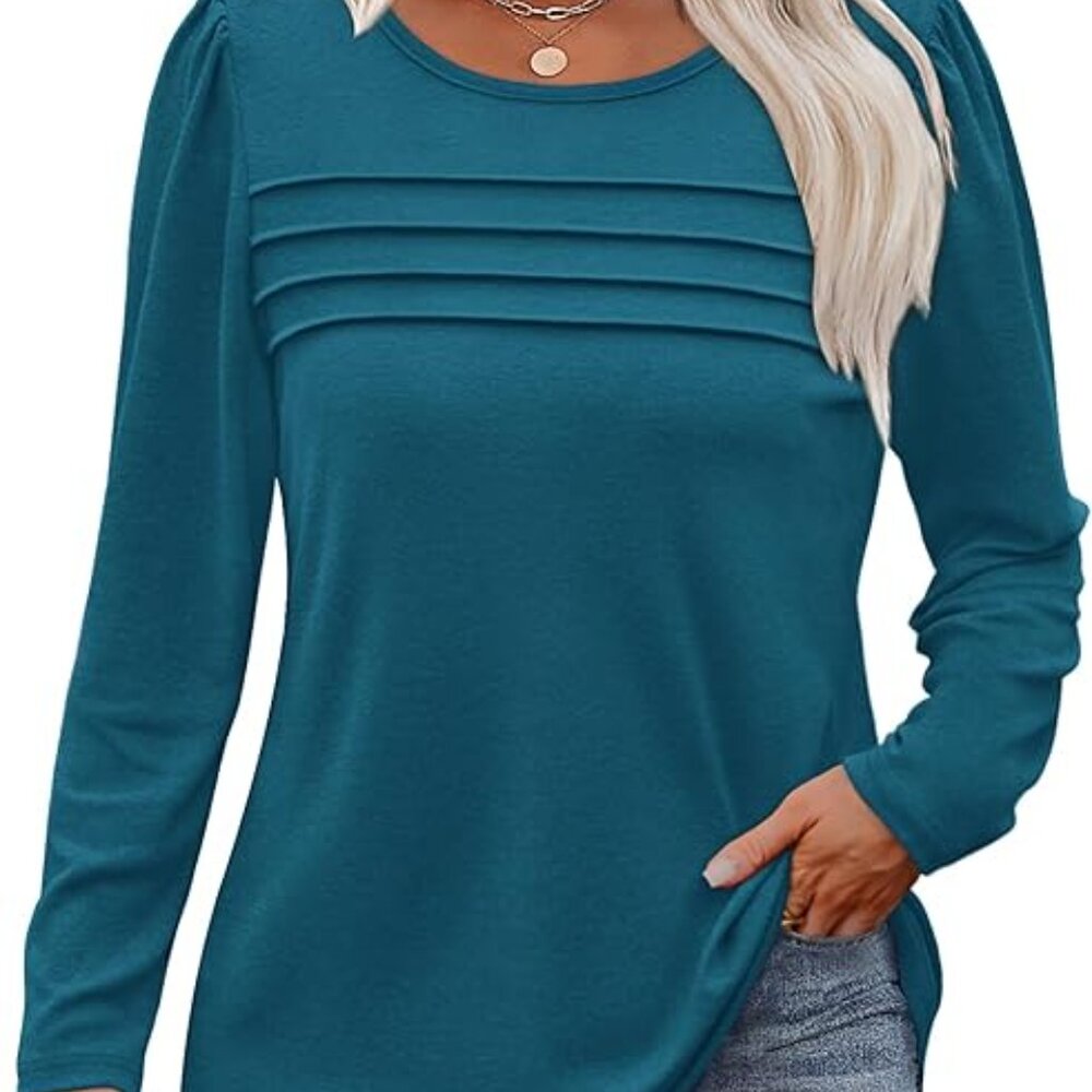 OFEEFAN Teal Long Sleeve Warm, Soft Large dressy casual Tunic length Blouse NWOT